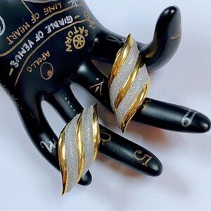 Vintage 1970s Gold and Silver Glitter Wave Clip On Statement Earrings